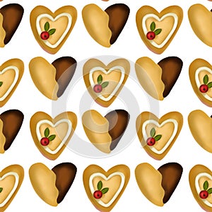 Christmas heart cookie 3d seamless pattern vector, chocolate ginger biscuit Xmas cookies