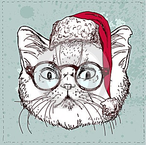 Christmas hipster cat hand draw