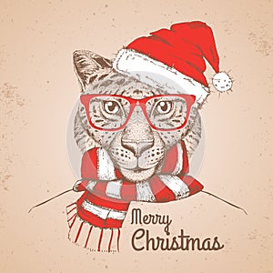 Christmas Hipster fashion animal cheetah dressed a New Year hat