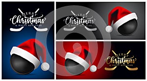 Christmas Hockey Puck and Santa Claus Hat - Merry christmas Sports Greeting Card - vector design illustration -Set of Blue Gold R