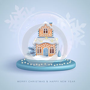 Christmas holiay snow globe with 3D gingerbread house and Christmas tree.