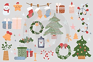 Christmas holiday 2024 mega set in graphic flat design. Bundle elements of gingerbread, candles, sweater, festive tree, pine