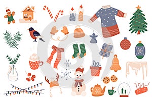 Christmas holiday 2024 mega set in graphic flat design. Bundle elements of snowman, gingerbread, socks, gifts, candles, garland,