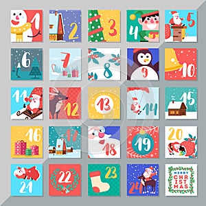 Christmas holiday advent calendar template design. Merry xmas da
