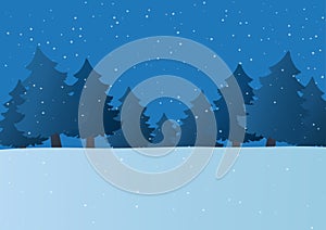 Christmas holiday background. Cartoon Christmas tree in a snow. Winter landscape with snowfall at night.