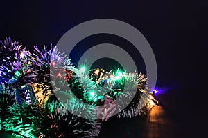 Christmas Holiday Background, Christmas table background with decorated Christmas tree and garlands