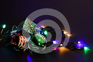 Christmas Holiday Background, Christmas table background with decorated Christmas tree and garlands