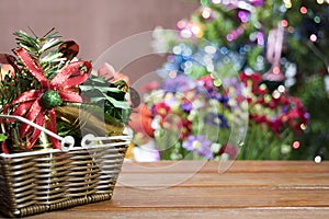 Christmas Holiday Background, Christmas table background with decorated Christmas tree and garlands.