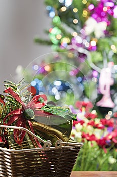 Christmas Holiday Background, Christmas table background with decorated Christmas tree and garlands.