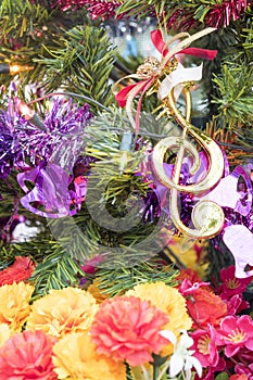 Christmas Holiday Background, Christmas table background with decorated Christmas tree and garlands.