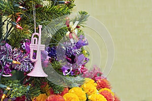 Christmas Holiday Background, Christmas table background with decorated Christmas tree and garlands.