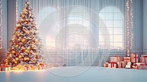 Christmas Holiday Background, Christmas table background with decorated Christmas tree and garlands. Generative AI