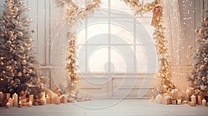 Christmas Holiday Background, Christmas table background with decorated Christmas tree and garlands. Generative AI