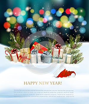 Christmas holiday background with colorful gift boxes and Santa Hat.