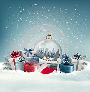 Christmas holiday background with colorful gift boxes, transparent christmas ball