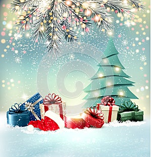 Christmas holiday background with colorful presents and magic box.
