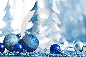 Christmas Holiday Background decorated with baubles, light garland. Christmas and New Year Decoration