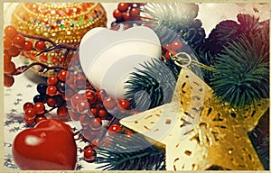 Christmas Holiday Background decorated with baubles, star and heart