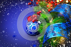 Christmas holiday background. Decorated Christmas tree over blue