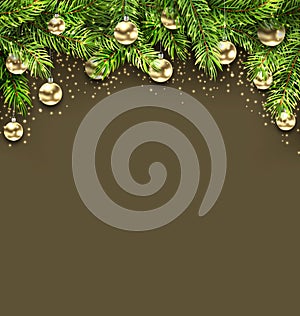 Christmas Holiday Background with Fir Twigs and Golden Glass Balls