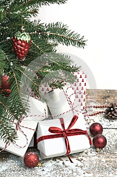 Christmas holiday background. Gifts under christmas tree.