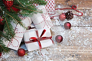 Christmas holiday background. Gifts under christmas tree. Copy space.