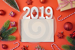 Christmas holiday background with notebook, 2019 new year and de