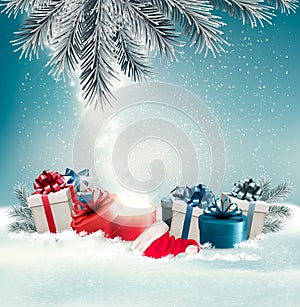 Christmas holiday background with presents and magic box.