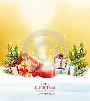 Christmas holiday background with presents and magic box.