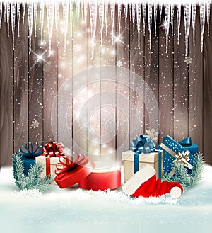 Christmas holiday background with presents and magic box.