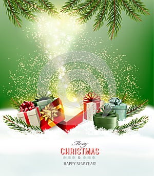 Christmas holiday background with presents and magic box.