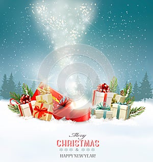 Christmas holiday background with presents and magic box. photo