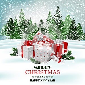 Christmas holiday background with presents and magic gift box. Vector