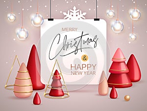 Christmas holiday background with realistic 3D plastic Christmas trees. Merry Christmas and Happy new Year greeting card.