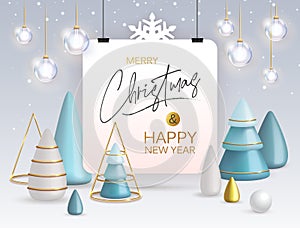 Christmas holiday background with realistic 3D plastic Christmas trees. Merry Christmas and Happy new Year greeting card.