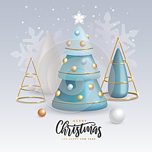 Christmas holiday background with realistic 3D plastic Christmas trees. Merry Christmas and Happy new Year greeting card.