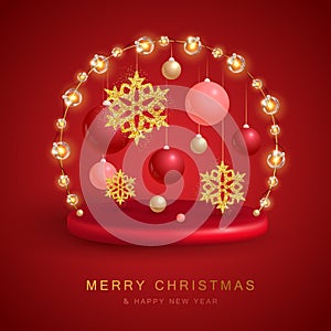 Christmas holiday background with realistic 3D plastic decorations. Merry Christmas and Happy new Year greeting card.