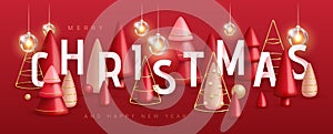 Christmas holiday background with realistic 3D plastic Christmas trees. Merry Christmas and Happy new Year greeting card.