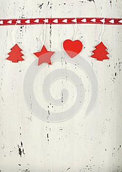 Christmas Holiday background with red and white theme wood decorations on white vintage wood