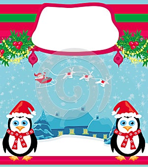 Christmas holiday background with santa claus , cute penguins