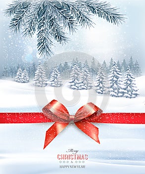 Christmas Holiday Background with a Winter Forest Landscape and red ribbon.