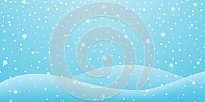 Christmas holiday background. Winter snow December landscape, white cold falling snowflake. Snowfall blue sky wallpaper