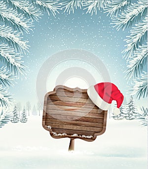 Christmas holiday background with wooden sign and Sana hat.