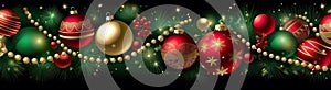 Christmas holiday banner background with colored balls, golden stars, pine branches and Christmas decorationslack