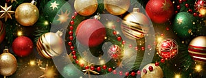 Christmas holiday banner green background with colored balls, golden stars, pine branches and Christmas decorations