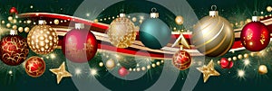 Christmas holiday banner green background with colored balls, golden stars, pine branches and Christmas decorations