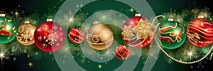 Christmas holiday banner green background with colored balls, golden stars, pine branches and Christmas decorations