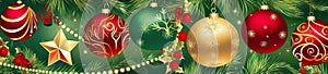 Christmas holiday banner green background with colored balls, golden stars, pine branches and Christmas decorations