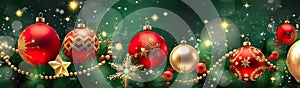 Christmas holiday banner green background with colored balls, golden stars, pine branches and Christmas decorations