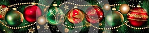 Christmas holiday banner green background with colored balls, golden stars, pine branches and Christmas decorations